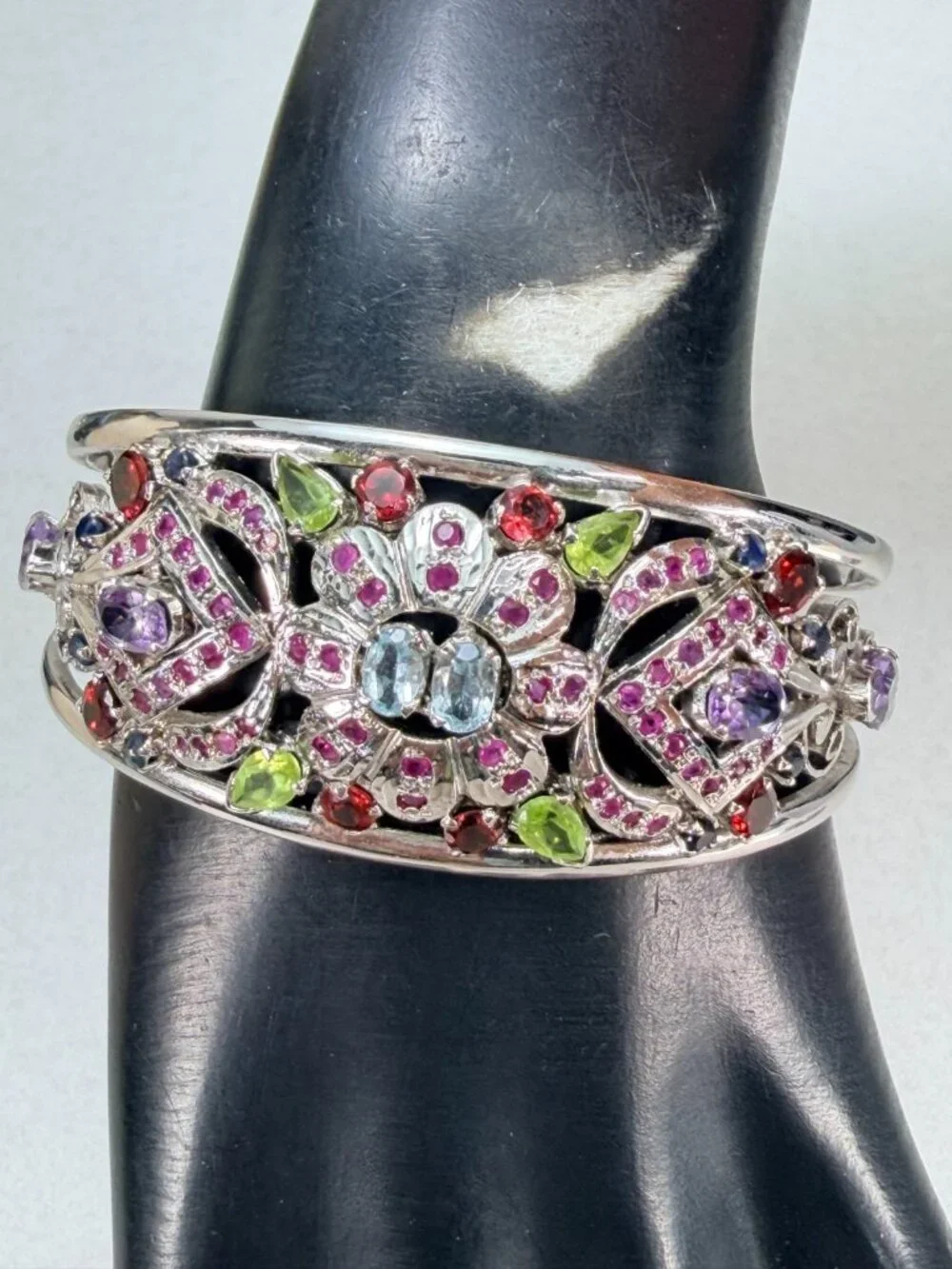 Vintage Rhodium Plated Multi Gemstone Floral Cuff Bracelet Open Bangle Statement